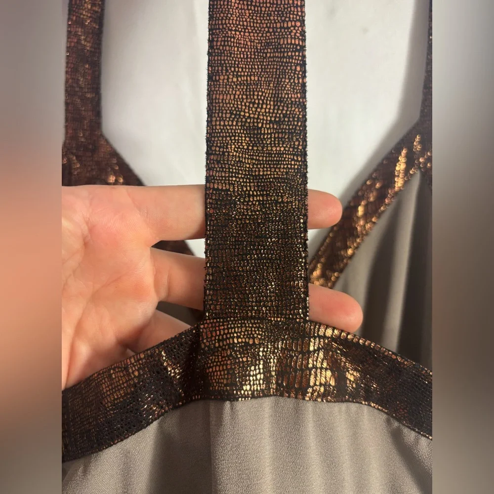 Brown Babydoll Empire Waist Metallic Copper High‎ Lo Boho Mini Dress Size M